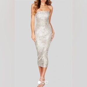 Nookie Silver Strapless Sequin Midi Bodycon Dress
